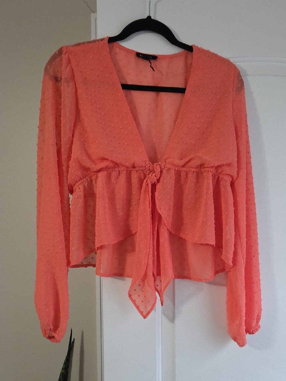 Rachel Coral Tie-Front Swiss Dot Peplum Blouse